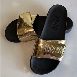 Victoria Secret Pink Gold Velcro Slides size Lg